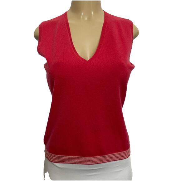 Neiman Marcus Cashmere Tank Top Blouse Knit Striped Hem Pink V neck Slee… - Picture 1 of 5